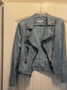 Women's Light Blue Faux Suede Moto Jacket with Silver Zippers